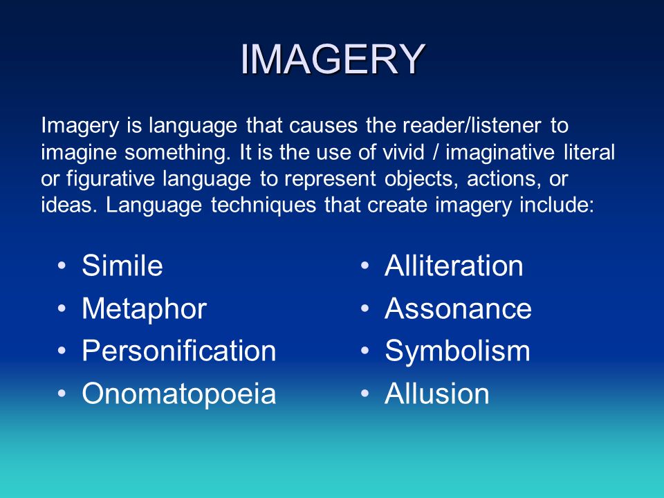 IMAGERY Simile Metaphor Personification Onomatopoeia Imagery is language that causes the reader/listener to imagine something.