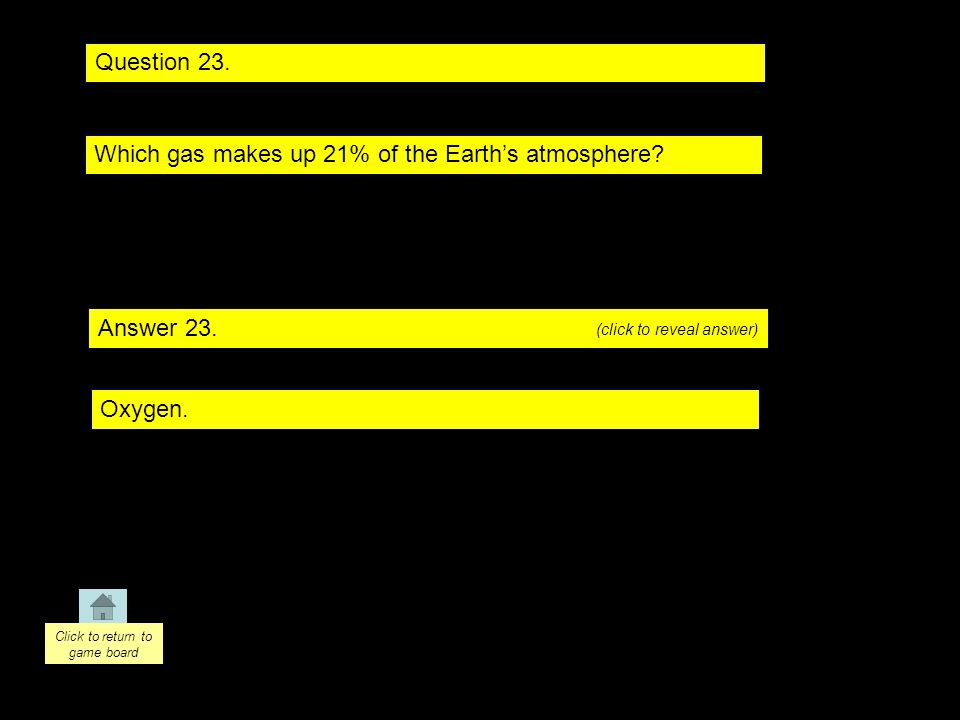 Question 23. Answer 23. Which gas makes up 21% of the Earth’s atmosphere.