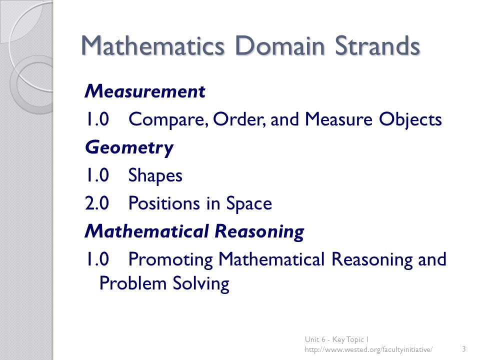 Mathematics Domain Strands Measurement 1.0Compare, Order, and Measure Objects Geometry 1.0Shapes 2.0Positions in Space Mathematical Reasoning 1.0Promoting Mathematical Reasoning and Problem Solving Unit 6 - Key Topic 1