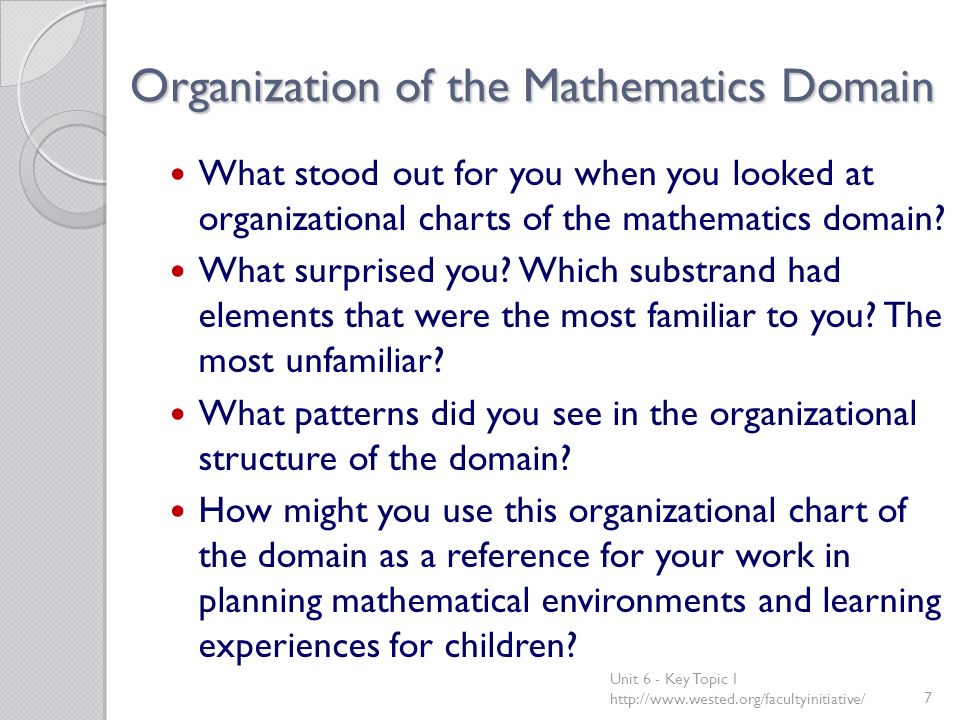 Organization of the Mathematics Domain What stood out for you when you looked at organizational charts of the mathematics domain.