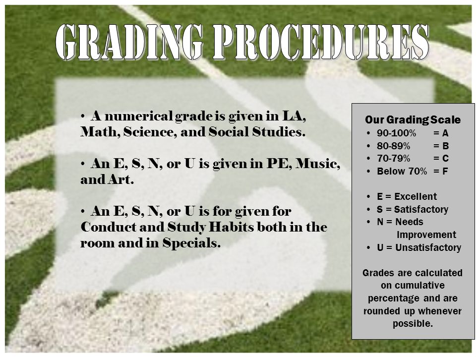 Our Grading Scale % = A 80-89% = B 70-79% = C Below 70% = F E = Excellent S = Satisfactory N = Needs Improvement U = Unsatisfactory Grades are calculated on cumulative percentage and are rounded up whenever possible.
