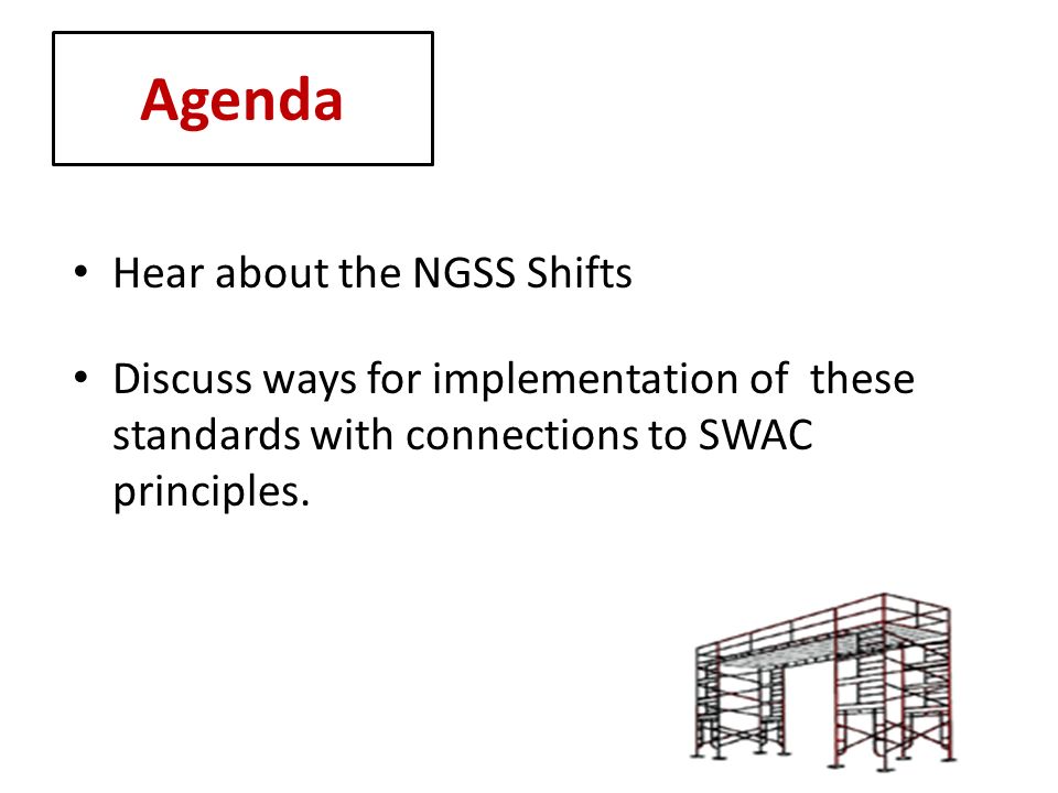 Agenda Hear about the NGSS Shifts Discuss ways for implementation of these standards with connections to SWAC principles.