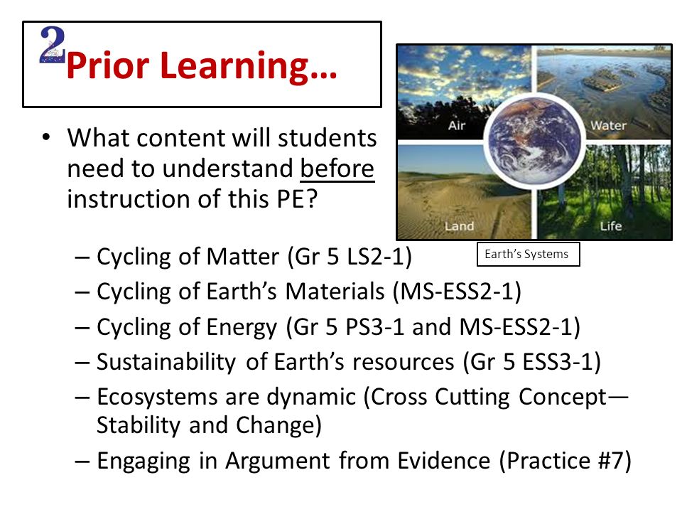 Prior Learning… What content will students need to understand before instruction of this PE.