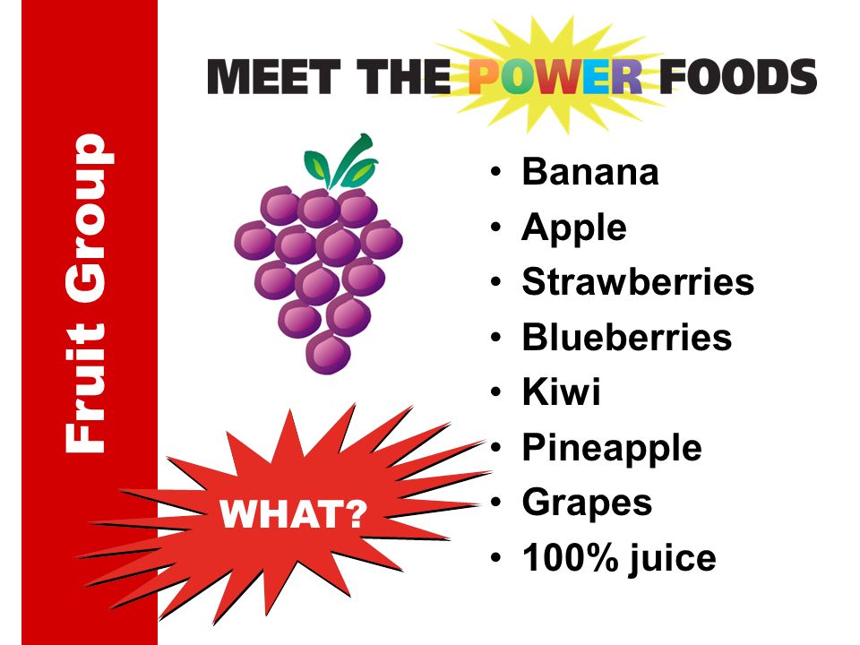 Fruit Group WHAT Banana Apple Strawberries Blueberries Kiwi Pineapple Grapes 100% juice