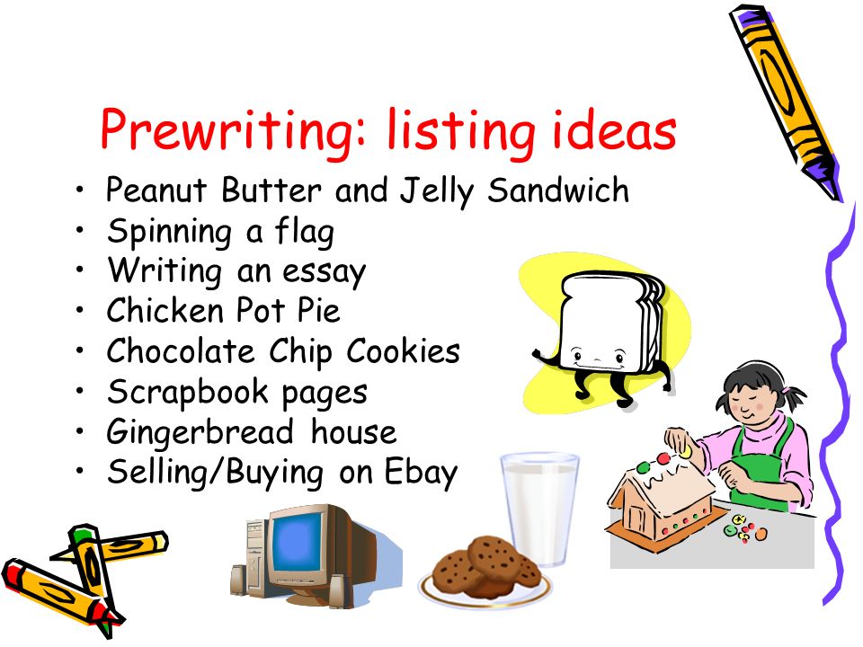 Prewriting: listing ideas Peanut Butter and Jelly Sandwich Spinning a flag Writing an essay Chicken Pot Pie Chocolate Chip Cookies Scrapbook pages Gingerbread house Selling/Buying on Ebay