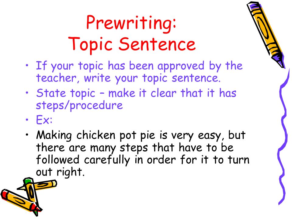 Prewriting: Topic Sentence If your topic has been approved by the teacher, write your topic sentence.