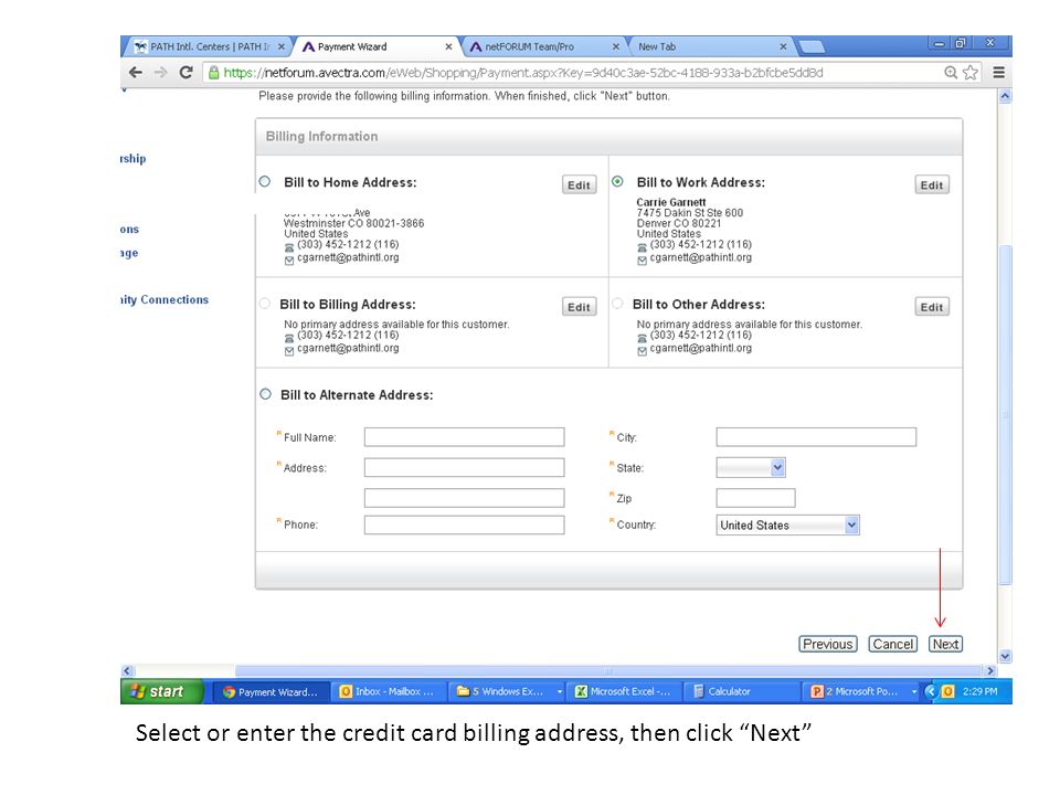 Select or enter the credit card billing address, then click Next