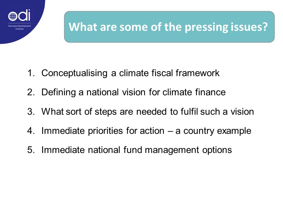 1.Conceptualising a climate fiscal framework 2.Defining a national vision for climate finance 3.What sort of steps are needed to fulfil such a vision 4.Immediate priorities for action – a country example 5.Immediate national fund management options What are some of the pressing issues
