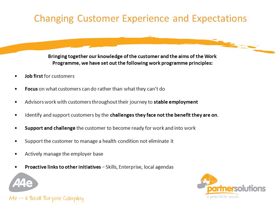 10 Changing Customer Experience and Expectations Bringing together our knowledge of the customer and the aims of the Work Programme, we have set out the following work programme principles: Job first for customers Focus on what customers can do rather than what they can’t do Advisors work with customers throughout their journey to stable employment Identify and support customers by the challenges they face not the benefit they are on.