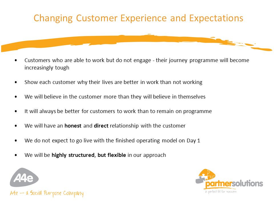 11 Changing Customer Experience and Expectations Customers who are able to work but do not engage - their journey programme will become increasingly tough Show each customer why their lives are better in work than not working We will believe in the customer more than they will believe in themselves It will always be better for customers to work than to remain on programme We will have an honest and direct relationship with the customer We do not expect to go live with the finished operating model on Day 1 We will be highly structured, but flexible in our approach