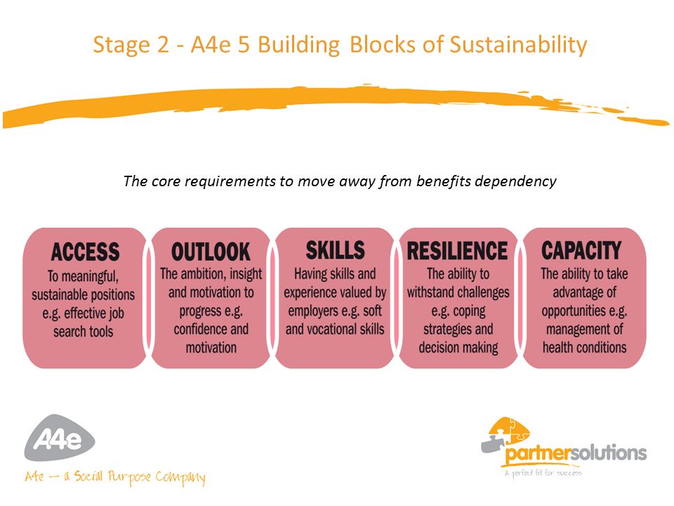 13 Stage 2 - A4e 5 Building Blocks of Sustainability The core requirements to move away from benefits dependency