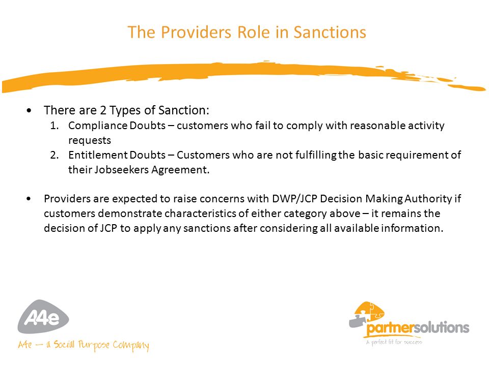 8 The Providers Role in Sanctions There are 2 Types of Sanction: 1.Compliance Doubts – customers who fail to comply with reasonable activity requests 2.Entitlement Doubts – Customers who are not fulfilling the basic requirement of their Jobseekers Agreement.