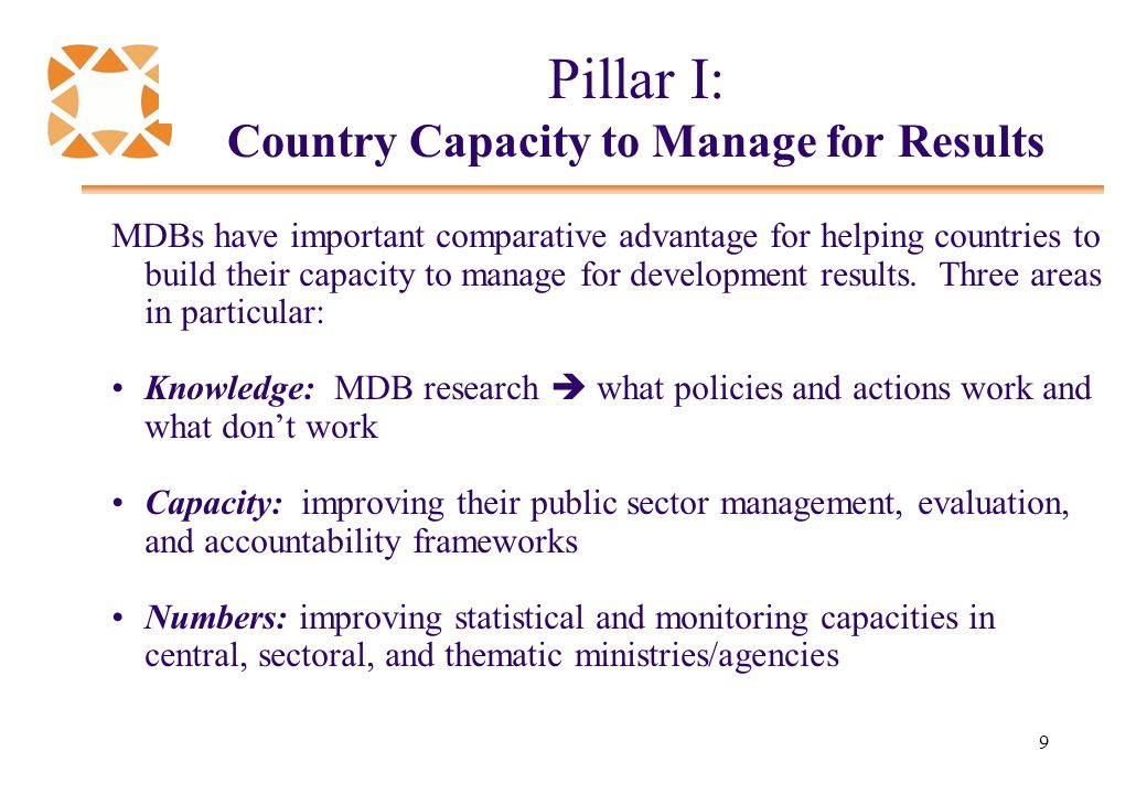 9 Pillar I: Country Capacity to Manage for Results MDBs have important comparative advantage for helping countries to build their capacity to manage for development results.