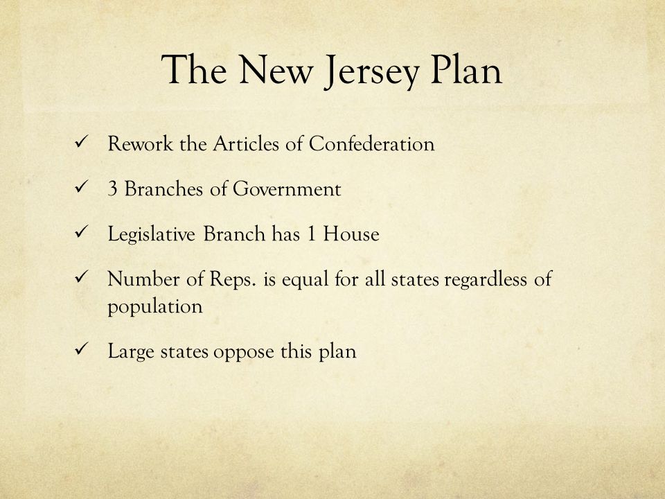 The New Jersey Plan Rework the Articles of Confederation 3 Branches of Government Legislative Branch has 1 House Number of Reps.