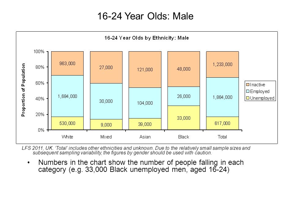 16-24 Year Olds: Male LFS 2011, UK. ‘Total’ includes other ethnicities and unknown.