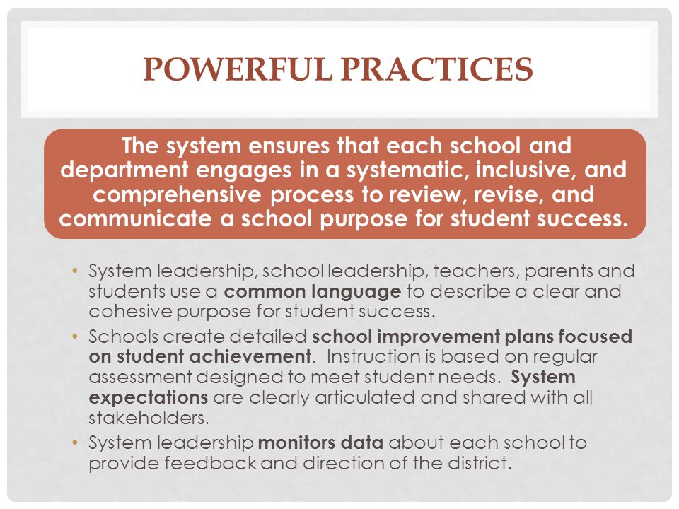 POWERFUL PRACTICES The system ensures that each school and department engages in a systematic, inclusive, and comprehensive process to review, revise, and communicate a school purpose for student success.