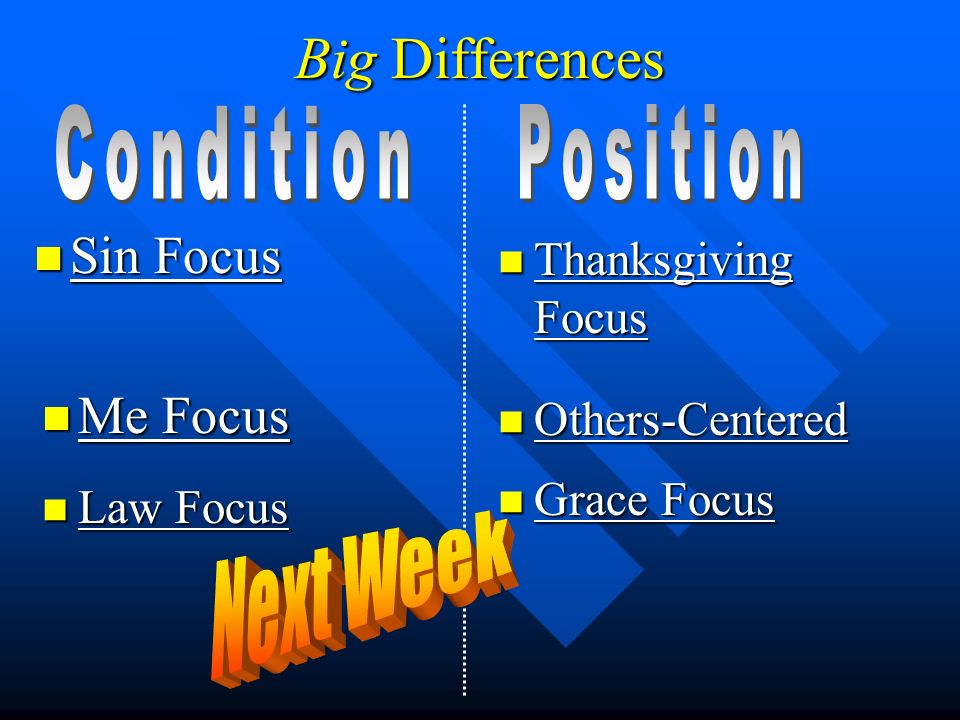 Big Differences Sin Focus Sin Focus Thanksgiving Focus Me Focus Me Focus Others-Centered Others-Centered Law Focus Law Focus Grace Focus Grace Focus