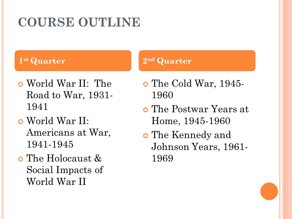 COURSE OUTLINE World War II: The Road to War, World War II: Americans at War, The Holocaust & Social Impacts of World War II The Cold War, The Postwar Years at Home, The Kennedy and Johnson Years, st Quarter2 nd Quarter