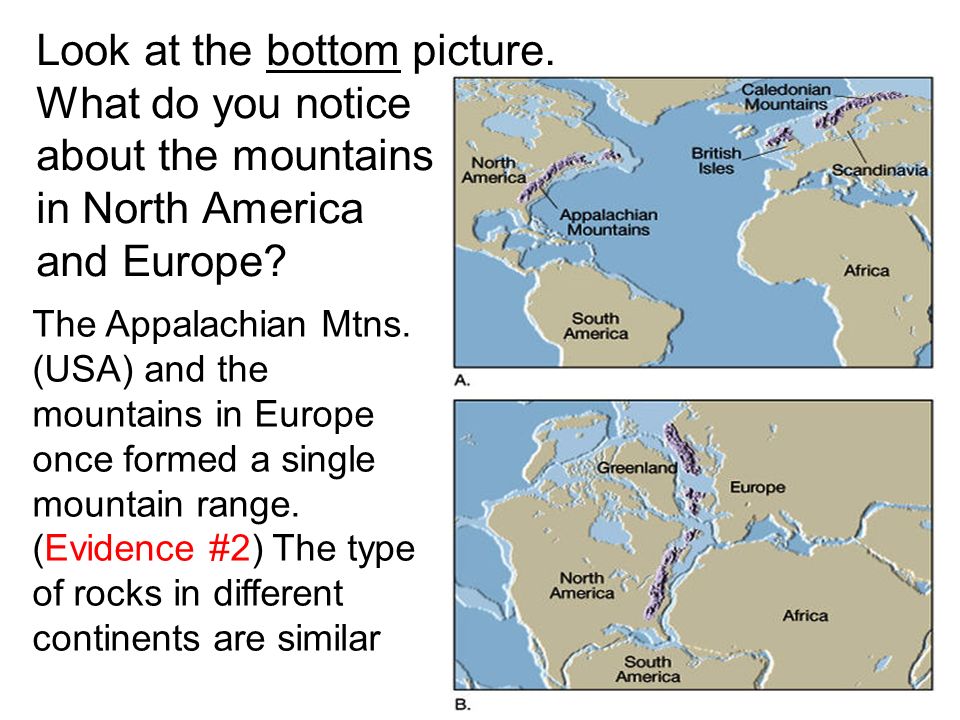 Look at the bottom picture. What do you notice about the mountains in North America and Europe.