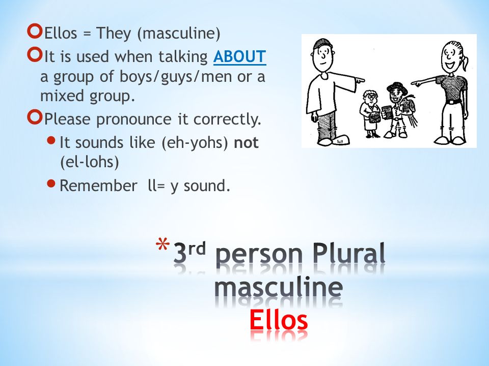 Ellos = They (masculine) It is used when talking ABOUT a group of boys/guys/men or a mixed group.