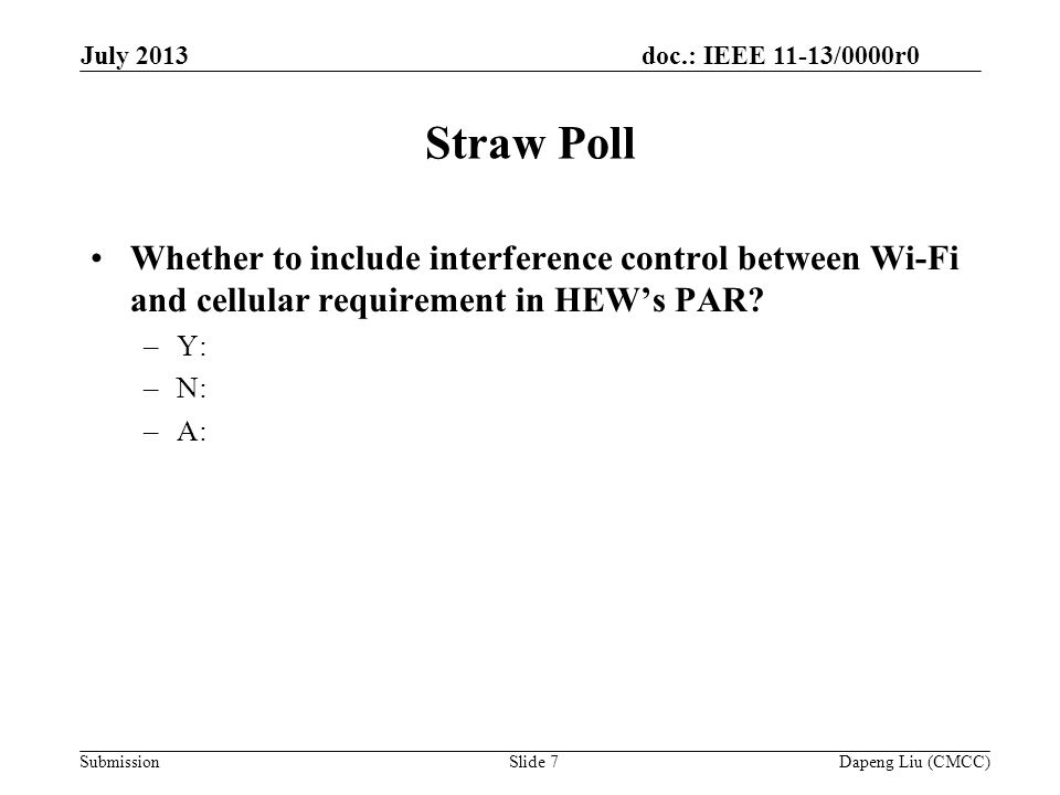 doc.: IEEE 11-13/0000r0 Submission Straw Poll Whether to include interference control between Wi-Fi and cellular requirement in HEW’s PAR.