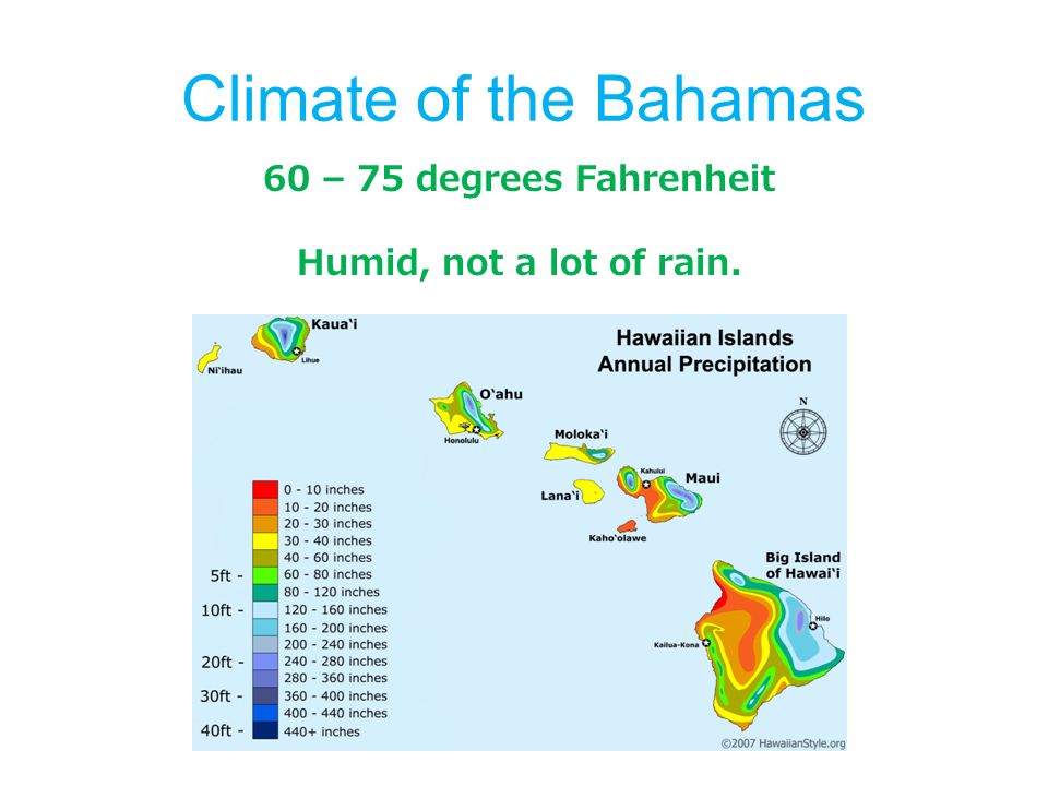 Climate of the Bahamas 60 – 75 degrees Fahrenheit Humid, not a lot of rain.