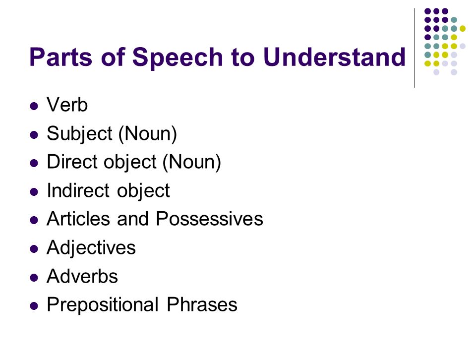 Parts of Speech to Understand Verb Subject (Noun) Direct object (Noun) Indirect object Articles and Possessives Adjectives Adverbs Prepositional Phrases
