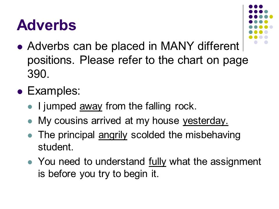 Adverbs Adverbs can be placed in MANY different positions.