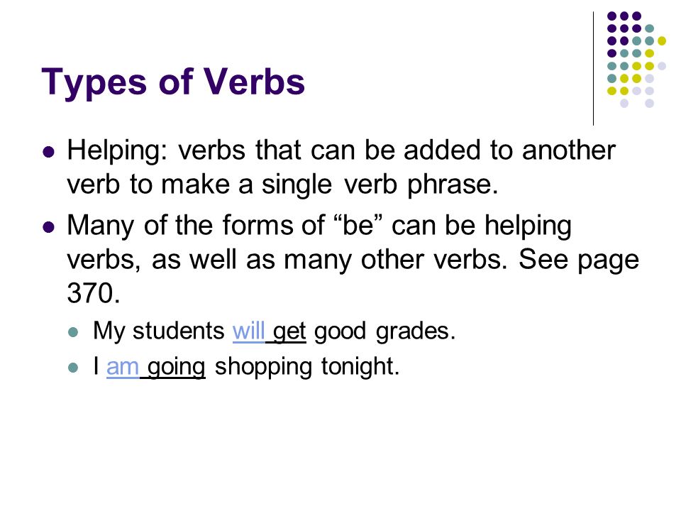 Types of Verbs Helping: verbs that can be added to another verb to make a single verb phrase.