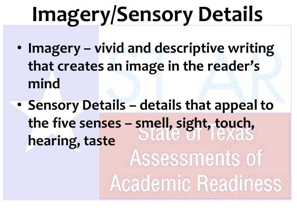 Imagery – vivid and descriptive writing that creates an image in the reader’s mind Sensory Details – details that appeal to the five senses – smell, sight, touch, hearing, taste Imagery/Sensory Details