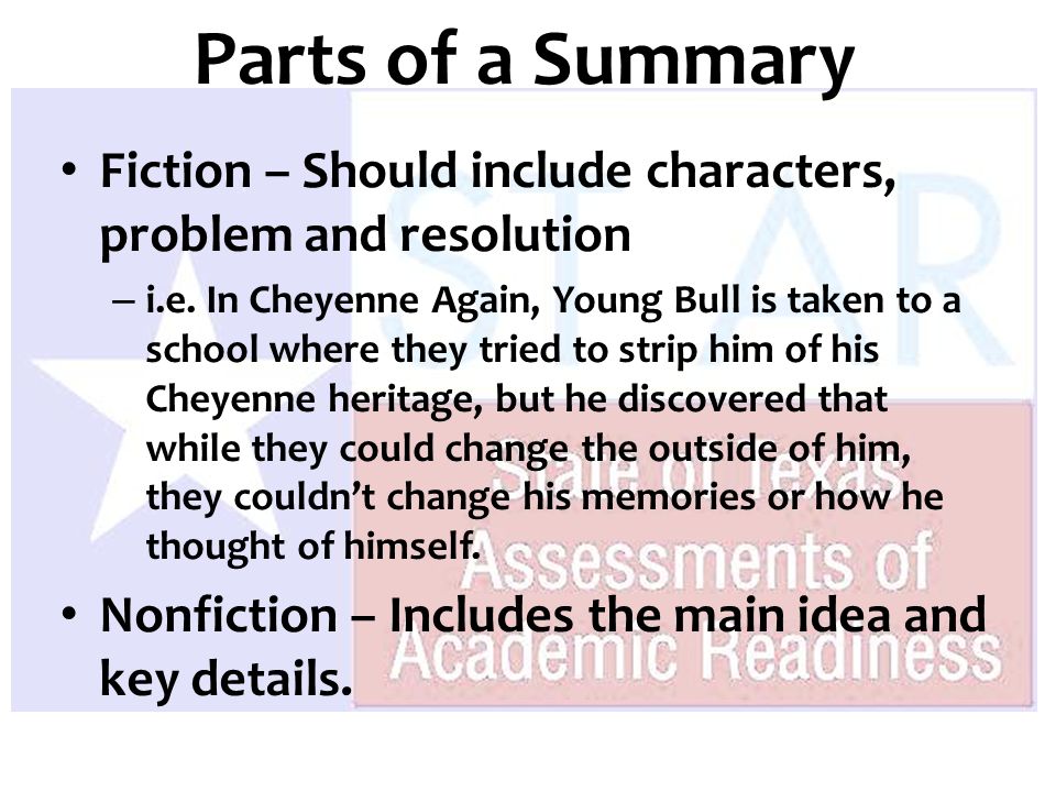 Fiction – Should include characters, problem and resolution – i.e.