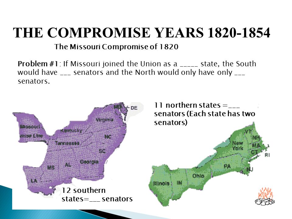  Missouri - applied for statehood in 1819  Balance of free and slave states in question  Tallmadge Amendment - limited attempt ot eliminate slaver in MO - angered southern states  Henry Clay (Kentucky) proposed a compromise:  1.
