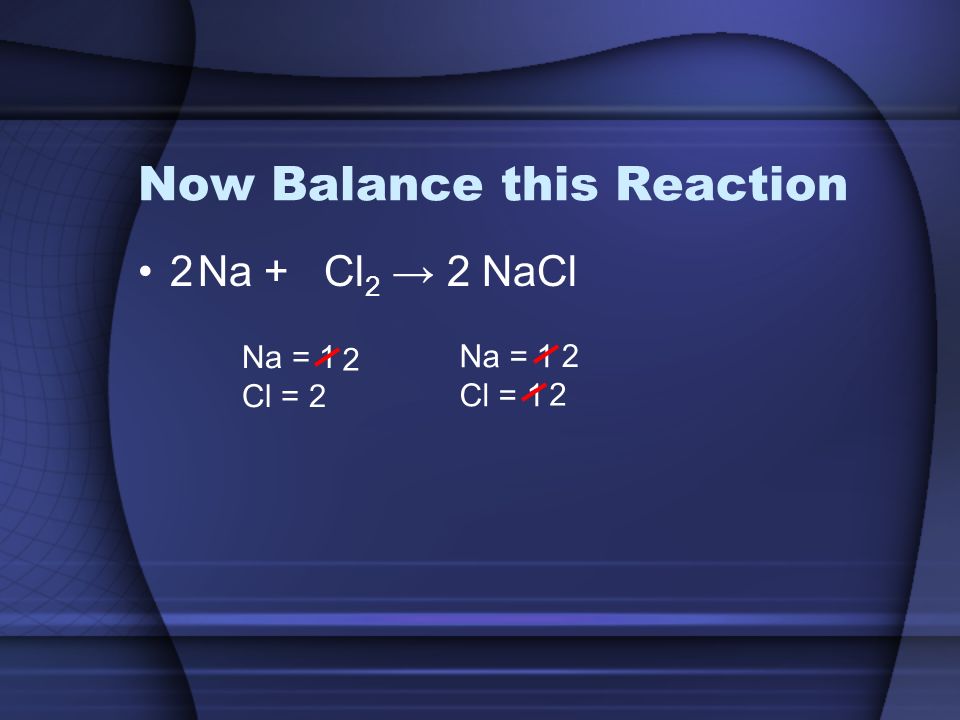 Now Balance this Reaction Na + Cl 2 → NaCl Na = 1 Cl = 2 Na = 1 Cl =