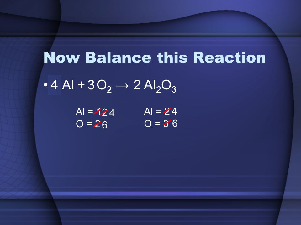 Now Balance this Reaction Al + O 2 → Al 2 O 3 Al = 1 O = 2 Al = 2 O =