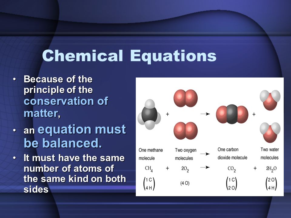 Chemical Equations Because of the principle of the conservation of matter,Because of the principle of the conservation of matter, an equation must be balanced.an equation must be balanced.
