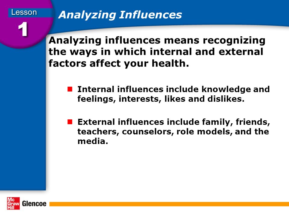 Analyzing Influences Analyzing influences means recognizing the ways in which internal and external factors affect your health.