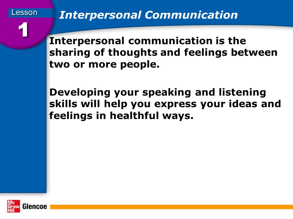 Interpersonal Communication Interpersonal communication is the sharing of thoughts and feelings between two or more people.