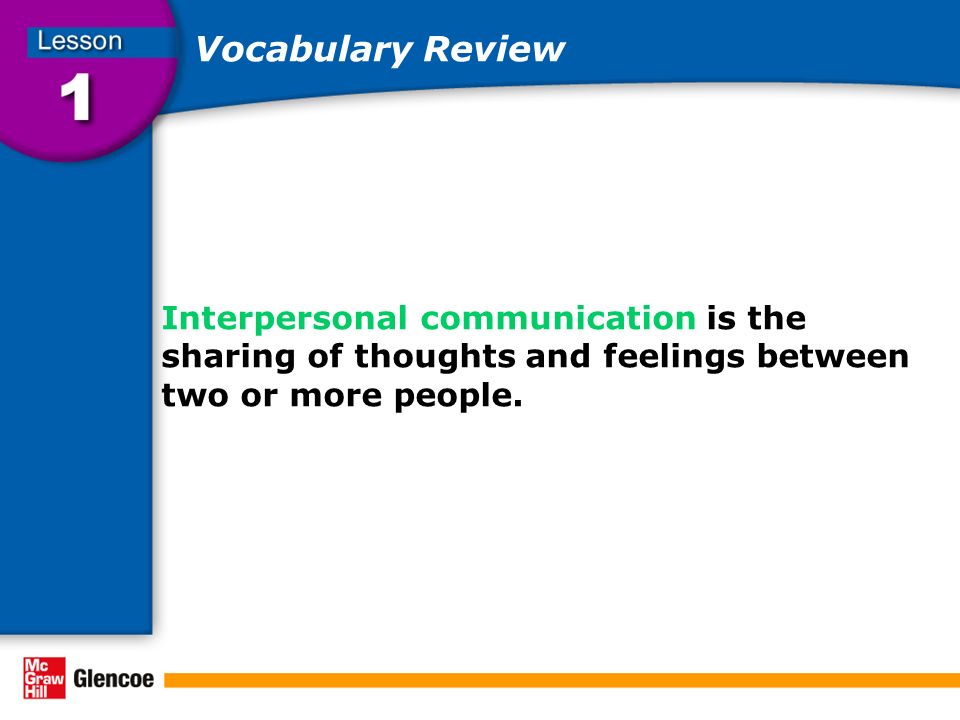 Vocabulary Review Interpersonal communication is the sharing of thoughts and feelings between two or more people.