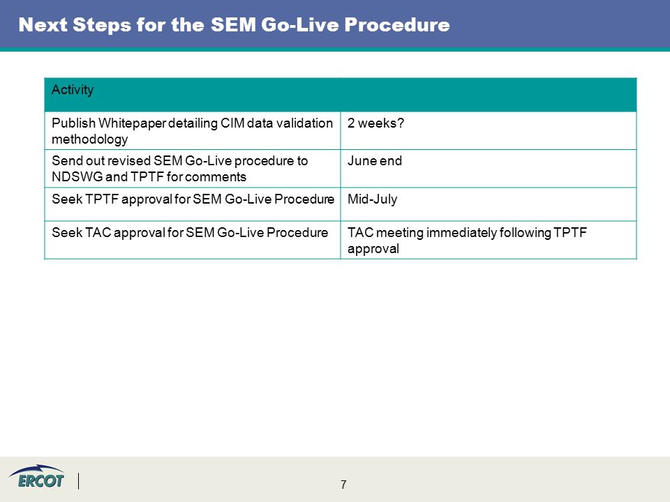7 Next Steps for the SEM Go-Live Procedure Activity Publish Whitepaper detailing CIM data validation methodology 2 weeks.
