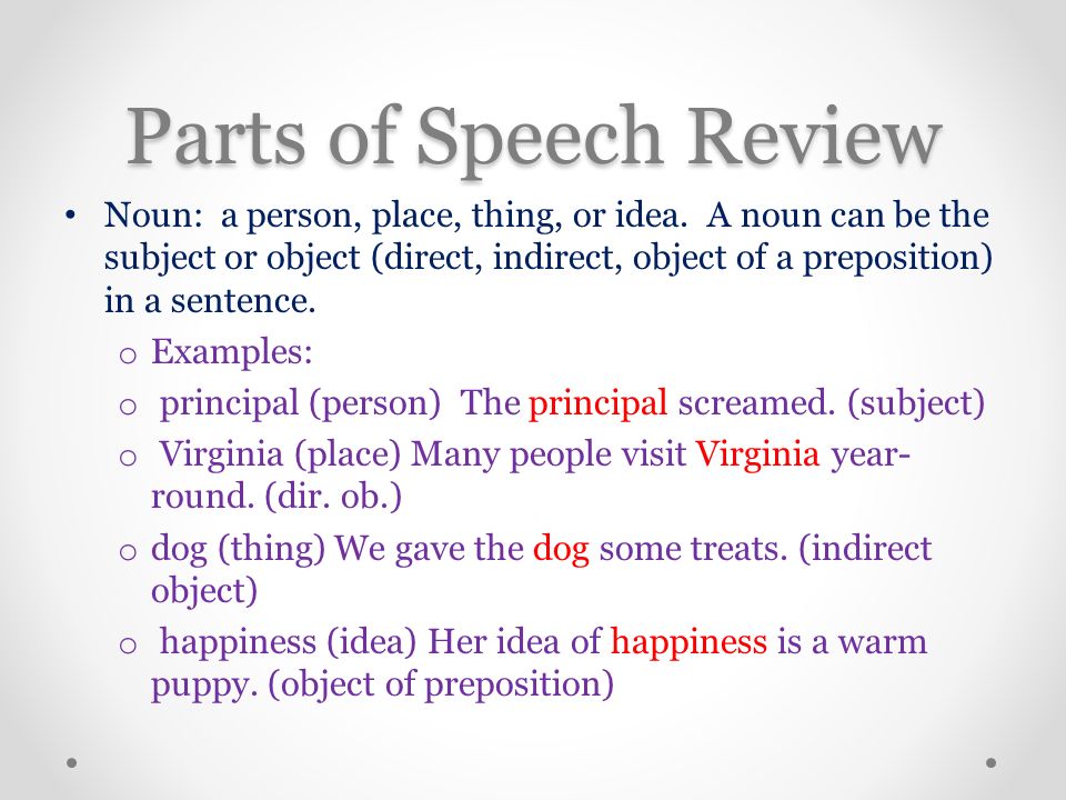 Parts of Speech Review Noun: a person, place, thing, or idea.