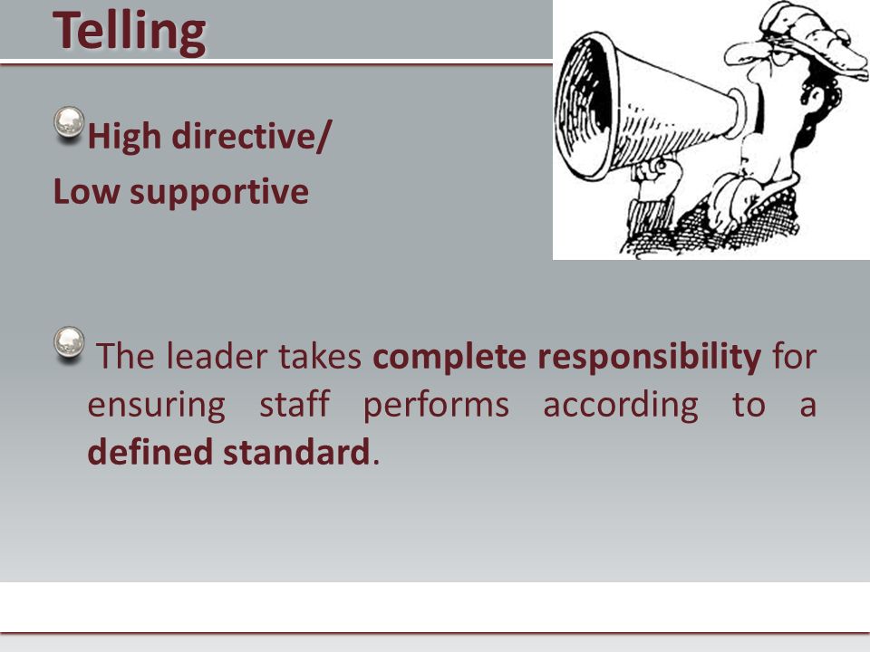 High directive/ Low supportive The leader takes complete responsibility for ensuring staff performs according to a defined standard.