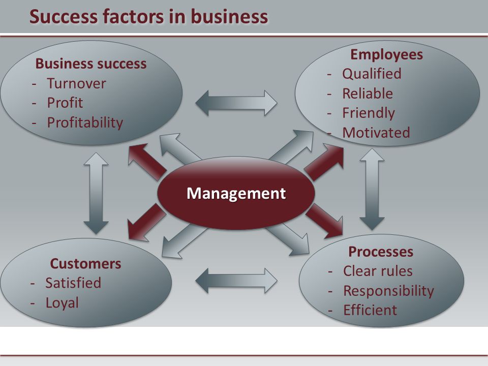Success factors in business Business success -Turnover -Profit -Profitability Business success -Turnover -Profit -Profitability Employees -Qualified -Reliable -Friendly -Motivated Employees -Qualified -Reliable -Friendly -Motivated Processes -Clear rules -Responsibility -Efficient Processes -Clear rules -Responsibility -Efficient Customers -Satisfied -Loyal Customers -Satisfied -Loyal ManagementManagement