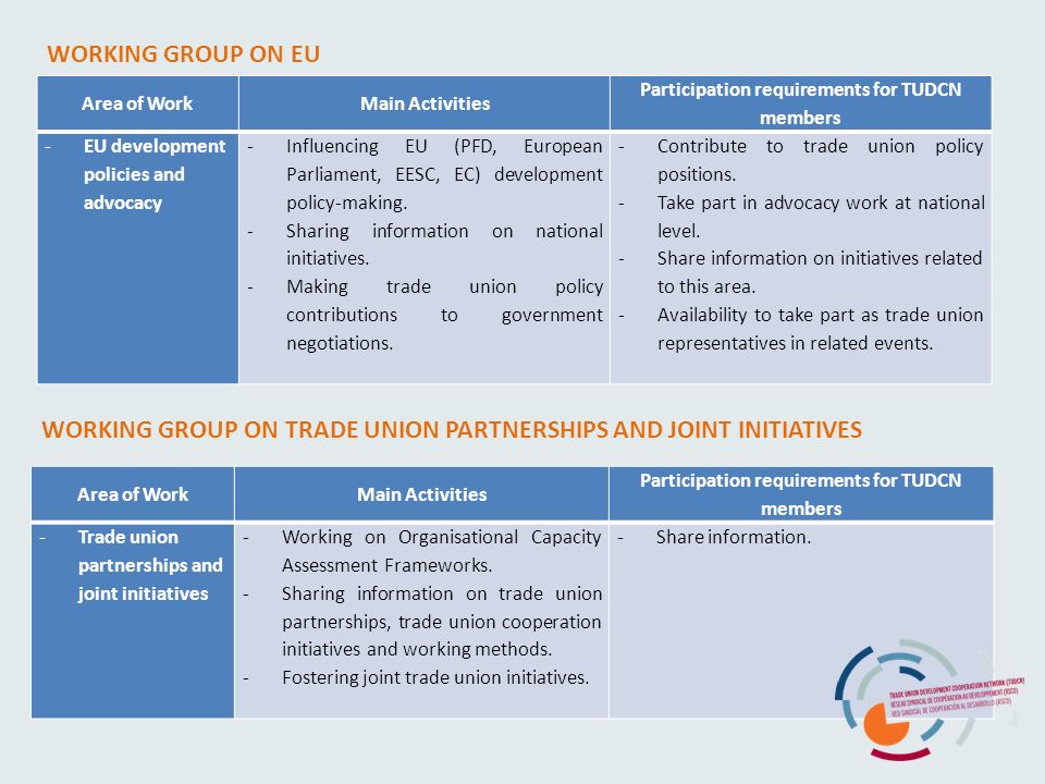 Area of WorkMain Activities Participation requirements for TUDCN members -EU development policies and advocacy -Influencing EU (PFD, European Parliament, EESC, EC) development policy-making.