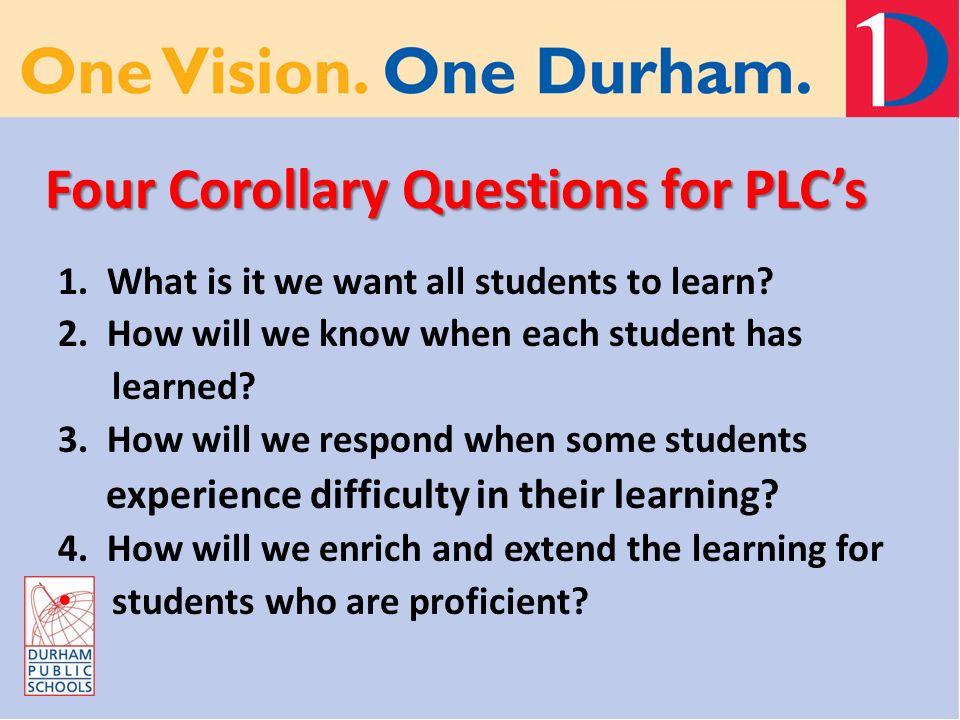 Four Corollary Questions for PLC’s 1. What is it we want all students to learn.