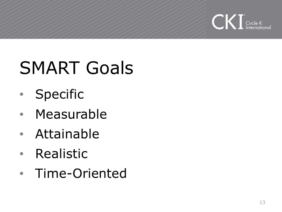 Specific Measurable Attainable Realistic Time-Oriented SMART Goals 13