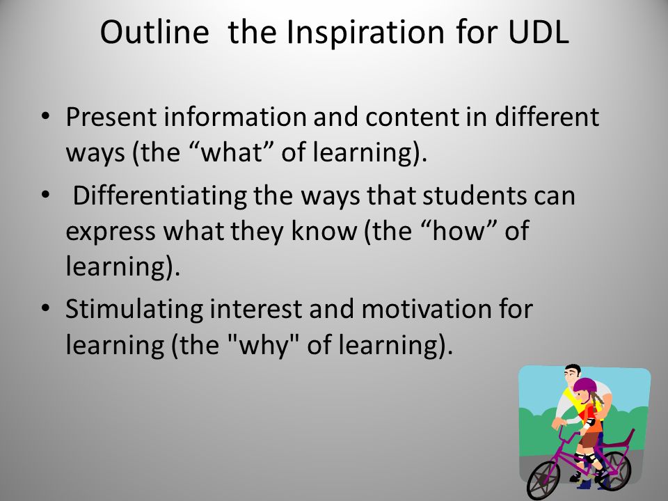 Outline the Inspiration for UDL Present information and content in different ways (the what of learning).