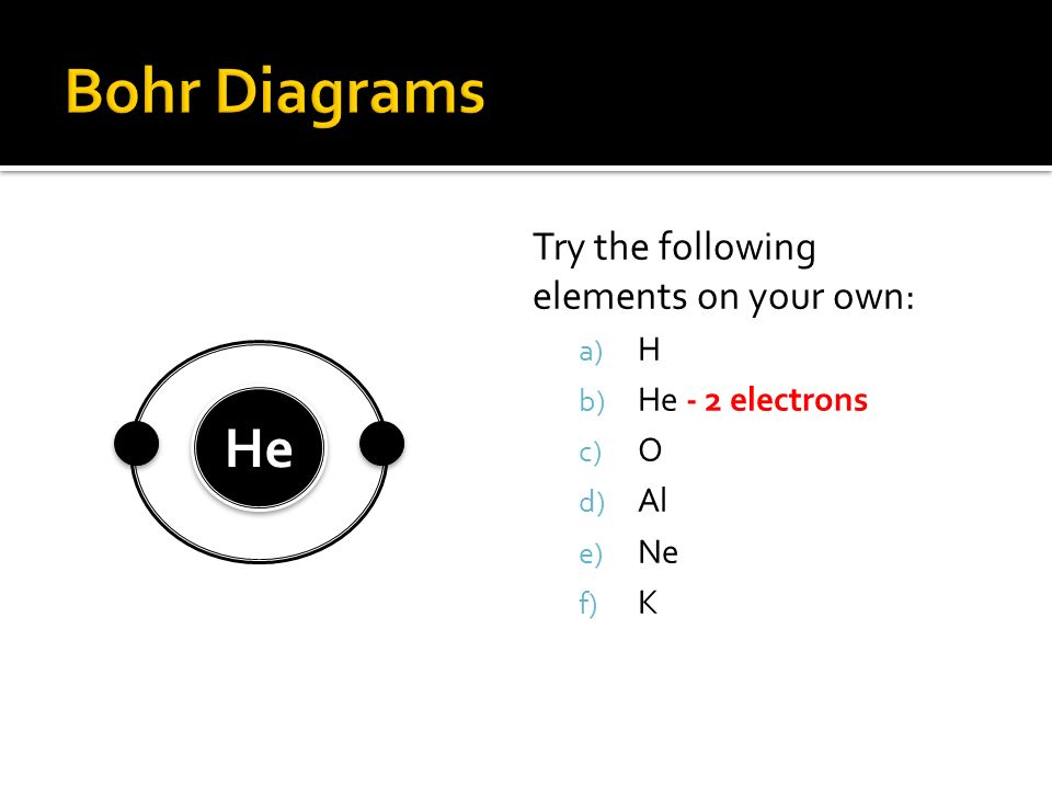 Try the following elements on your own: a) H – 1 electron b) He c) O d) Al e) Ne f) K H H