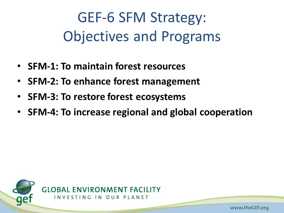 GEF-6 SFM Strategy: Objectives and Programs SFM-1: To maintain forest resources SFM-2: To enhance forest management SFM-3: To restore forest ecosystems SFM-4: To increase regional and global cooperation