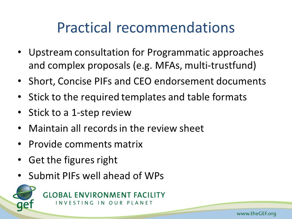 Practical recommendations Upstream consultation for Programmatic approaches and complex proposals (e.g.