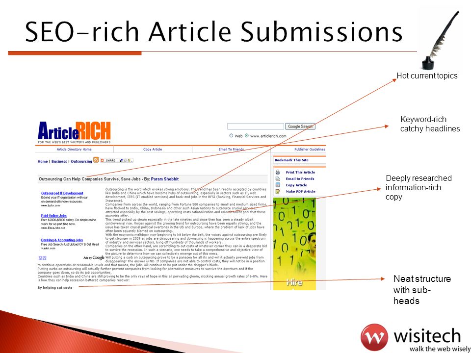 SEO-rich Article Submissions Keyword-rich catchy headlines Deeply researched information-rich copy Neat structure with sub- heads Hot current topics